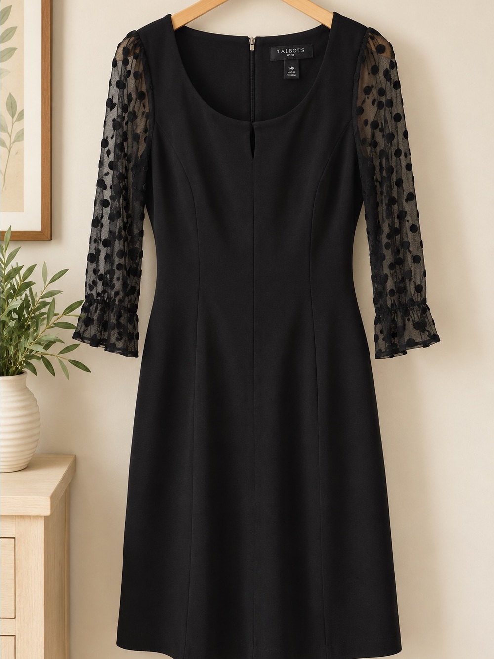 Talbots Black Sheath Dress with Polka Dot Mesh Sleeves